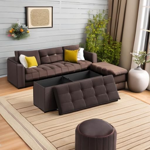 SONGMICS MAZIE Collection - 43 Inches Folding Storage Ottoman Bench, Ottoman Foot Rest, End of Bed Bench, Storage Chest, Load 660 lb, for Living Room, Bedroom, Entryway, Brown ULSF77BR SONGMICS