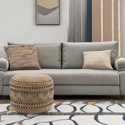 LR Home Tan/Black Round Ottoman Pouf for Home Decor | Striped Hand-Woven Jute Cotton Blend Round Pouf Ottoman Footrest for Bedroom & Living Room Decor | 18" X 18"W X 14"H L.R. Resources Inc