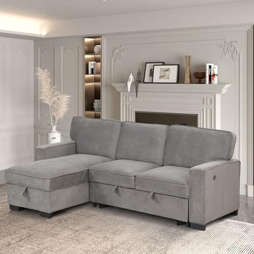 EBELLO Convertible Sleeper Sofa 3 in 1, Chenille Modern L-Shaped Couches for Living Room, Pull Out Sectional Futon Sofa Bed with Storage Space, USB Ports and Cup Holders for Bedroom, Grey EBELLO