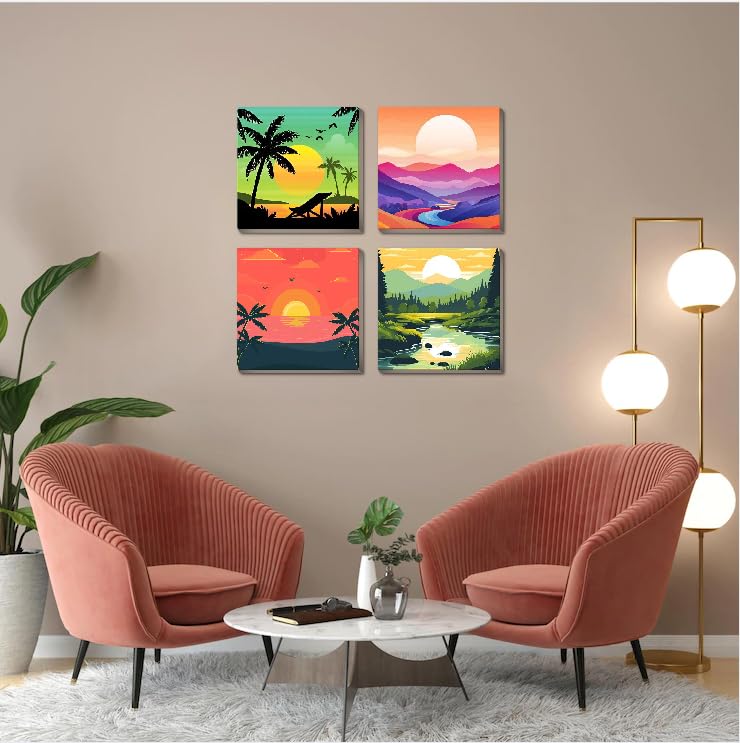4 Framed Landscape DIY Paint by Numbers Kit for Adults Beginner,Sunset Easy Painting by Number with Canvas,Acrylic Paint Kit Arts and Crafts for Adults for Decor 8x8inch Canrichshop