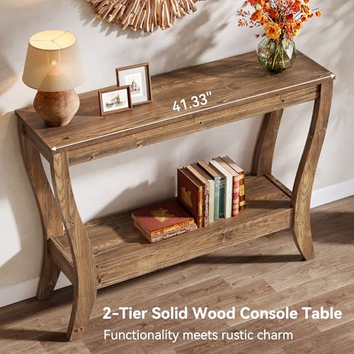 TRIBEWOOD Solid Wood Console Table with Storage, 41.3-Inch Farmhouse Entryway Table with Shelf, 2-Tier Wooden Sofa Table for Living Room, Hallway, Foyer, Brown TRIBEWOOD