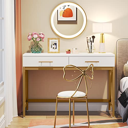 Tribesigns Modern Computer Desk with 2 Drawers, 41 Inches Study Writing Office Desk for Home Office, Bedroom, Makeup Vanity Table Desk with Gold Metal Frame, White & Gold Tribesigns