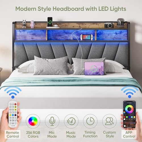 Welzona Full Size Bed Frame with Headboard, LED Lights Full Bed Frames with Charging Station, 2-Tier Storage Shelves, Heavy Duty Metal Slats, Noise-Free, No Box Spring Needed, Easy Assembly, Brown Welzona