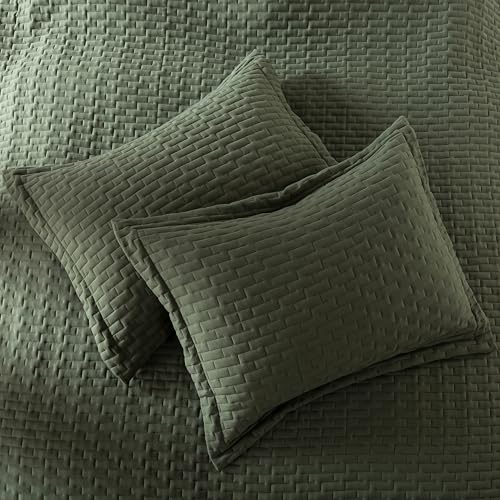 WDCOZY Olive Green King Size Quilt Set, Geometric Box Lightweight Bedspread, Soft Farmhouse Rustic Coverlet, Spring Summer Thin Comforter, Country Bedding, 104x90 inches WDCOZY