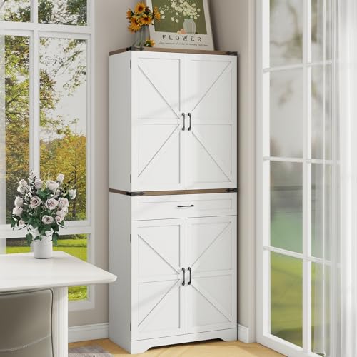 Halitaa 72" Tall Farmhouse Pantry Storage Cabinet with Organizer - Large Capacity Freestanding Cupboard for Kitchen, Dining Room, Living Room, White Halitaa