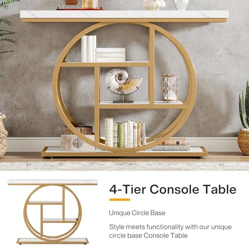 Tribesigns 41.3" Console Table, Industrial 4-Tier Sofa Entryway Table with Circle Base, Narrow Wood Accent Tables with Storage Shelves for Living Room, Hallway, Foyer, White Gold Tribesigns