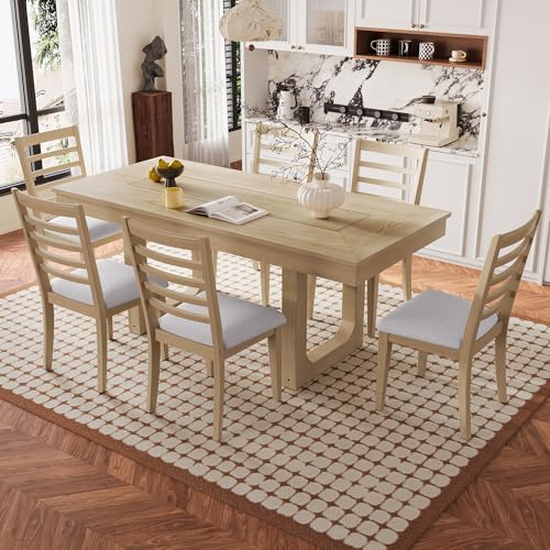 Merax 7 Piece Extendable Wooden Dining Table Set, Farmhouse Extendable with 18" Move Leaf, 78" Rustic and 6 Upholstered Chairs for Kitchen Room, Natural Merax