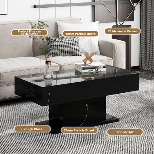 HedoAjim Led Coffee Table for Living Room, Living Room Table Rectangular Center Table, Modern High Glossy Wooden Coffee Tables with 16 Colors LED Lights for Dining Reception Room, Black HedoAjim