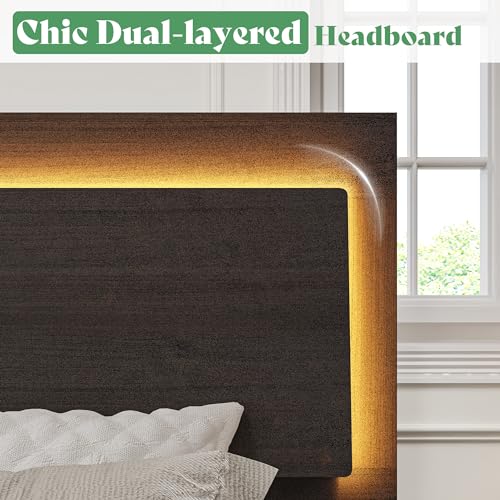 AMERLIFE Rustic Black King Bed Frame with LED Headboard - Stylish Platform Bed with Wooden Slats Support, No Box Spring Needed AMERLIFE