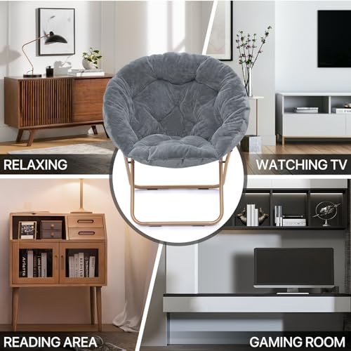 MoNiBloom Round Folding Faux Fur Saucer Chair for Bedroom Living Room Dorm Foldable Metal Frame Oversized Large Comfy Furry Padded Soft Cozy Moon Chair with Footrest Ottoman for Adults (Gray) MoNiBloom