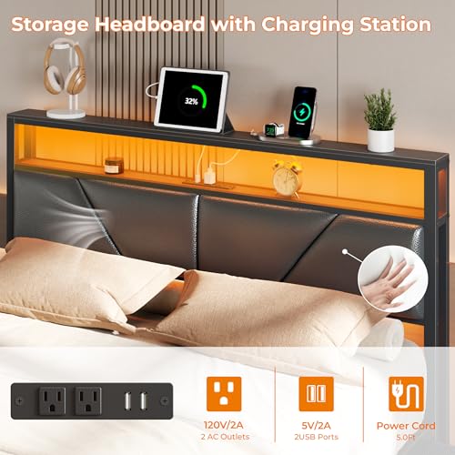OURPIC Queen Bed Frame, 2-Tier Storage Headboard & 6 Drawers, PU Leather Upholstered Queen Size Platform Bed with Charging Station and LED Lights, No Box Spring Needed, Noise Free OURPIC