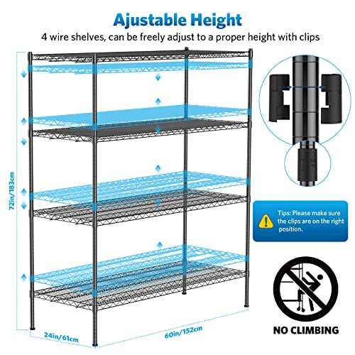 Raynesys Wire Shelving with 4" Wheels, 2000Lbs Heavy Duty 4-Tier Shelving Metal Shelves, 60x24x72in Steel Wire Storage Shelf Commercial Grade Adjustable Utility Rack for Garage, Kitchen Raynesys