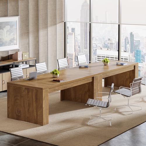 Tribesigns 12 ft Conference Table for 10-14 People, 142-Inch Rectangular Executive Meeting Table for Office, Farmhouse Sturdy Business Desk for Office Conference Room, (2, Brown) Tribesigns