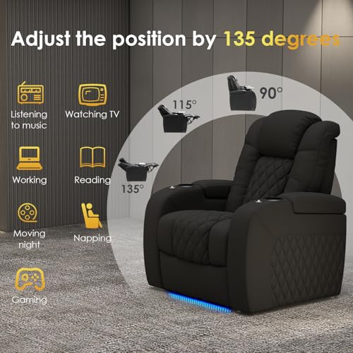PBRO Home Theater Seating Top Grain Leather Recliner Chair, Movie Theater Chair Sofa with Power Reclining & Headrest USB Charger Ports Ambient Lighting, Black Single Seat for Home