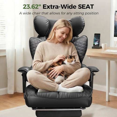 GTPOFFICE Big and Tall Office Chair 400LBS Wide Seat Computer Gaming Chair with Footrest & Comfy Lumbar Support, Leather High Back Executive Chair with Ergonomic Pressure Relief Seat Cushion, Black GTPOFFICE