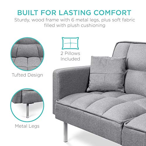 Best Choice Products Convertible Linen Fabric Tufted Split-Back Plush Futon Sofa Furniture for Living Room, Apartment, Bonus Room, Overnight Guests w/ 2 Pillows, Wood Frame, Metal Legs - Dark Gray Best Choice Products