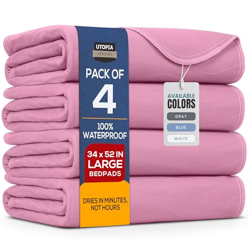 Utopia Bedding Washable Underpads 34" x 52" (Pack of 4), Waterproof Reusable Heavy Absorbency Incontinence Bed Pads for Adults, Kids, Elderly and Pets, Bedwetting Pads for Sofa and Couch (Pink) Utopia Bedding