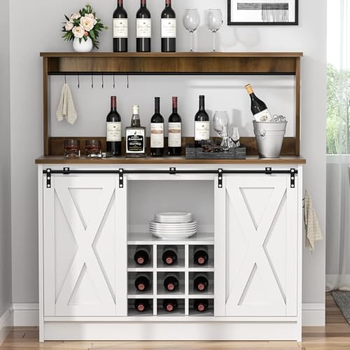 4ever2buy Farmhouse Coffee Bar Cabinet with Hutch, 47 Inch Buffet Cabinet with Storage, White Wine Bar with 9 Wine Racks and 6 Hooks, Coffee Bar Table with Adjustable Shelves for Living Dining Room 4ever2buy