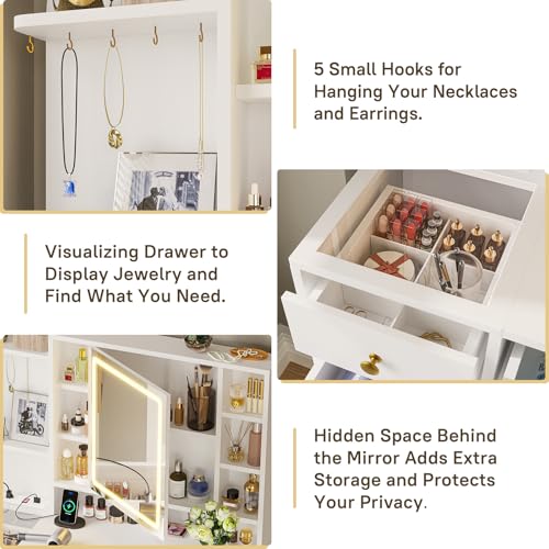 VIAGDO Vanity Desk with Mirror and Lights, Makeup Vanity with Drawers and Charging Station, Vanity Table with Shelves, Cabinet, Hidden Space for Bedroom, White VIAGDO