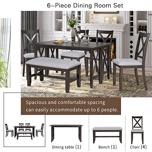 6 Pieces Dining Table Set with Bench, Wood Rectangle Table, 4 Chairs and Bench with Cushion, Kitchen Table Chairs Set for 6 Persons (Espresso) Merax