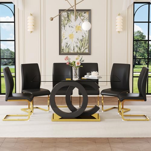 63" Glass Dining Table Set for 6, Modern Dining Table Set for 6, Tempered Glass Tabletop with Black OC-Shaped Legs and Gold Base, Black Gold Kitchen Table Set with 6 Cantilever Upholstered Chairs Iopirbu