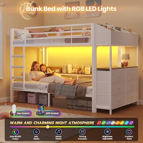 DICTAC Twin Over Twin Bunk Bed with 6 Storage Drawers,Led Lights and Charging Station Metal Bunk Beds with Side Bookcase,3 Storage Boxes &Shelf,L-Shaped bunk Bed with Safety Guardrail and Ladder,White DICTAC