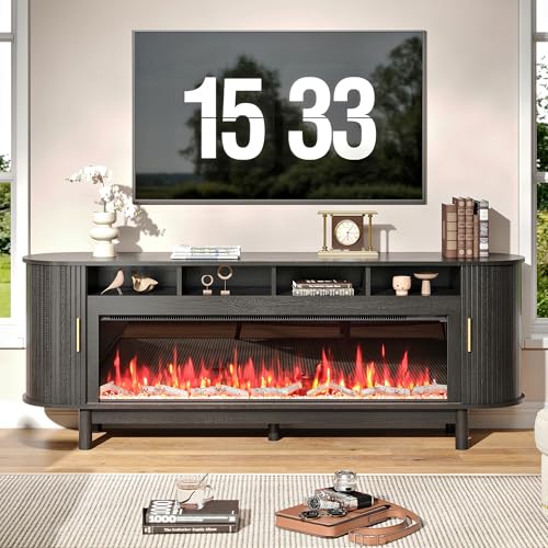 BVIUNTWO 70 Inch Modern Fireplace TV Stand for TVs up to 80 inches, Mid Century TV Console with Solid Wood Legs, Sliding Doors & Curved Design,Media Console for Living Room, Black BVIUNTWO