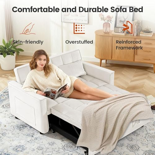 Trygoal Convertible Sofa Bed, Pull Out Couch with Side Pockets, 3 in 1 Velvet Fabric Loveseat Sleeper Sofa Bed, Pull Out Couch with Adjustable Backrest for Living Room, Bedroom, Apartment, White Trygoal