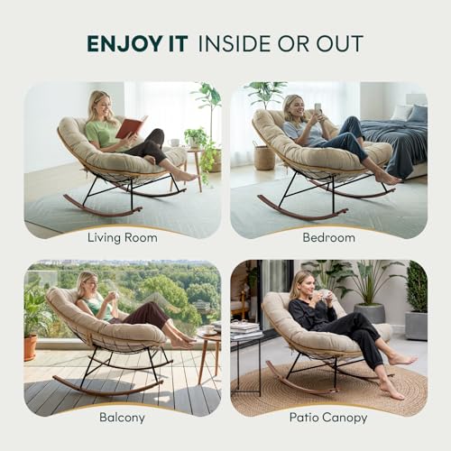 Bme Patio Rocking Chair Outdoor and Indoor, Modern Metal Lounge Rocker with Thick 7'' Cushion, 400lbs Capacity, Ergonomic Design, Easy Assembly, Beige Cushion - Wood Texture Rocker