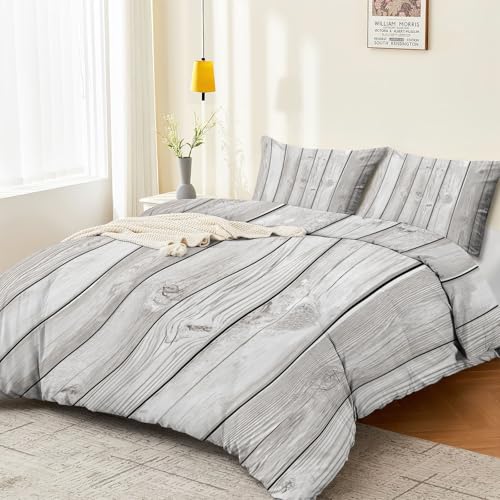 Single 61" x 79" Bedding Duvet Cover Set - Grey Minimalist Modern Wood Grain Printed 3 Piece Brushed Microfiber Comforter Quilt Cover with Zipper Closure for Men and Women Generic