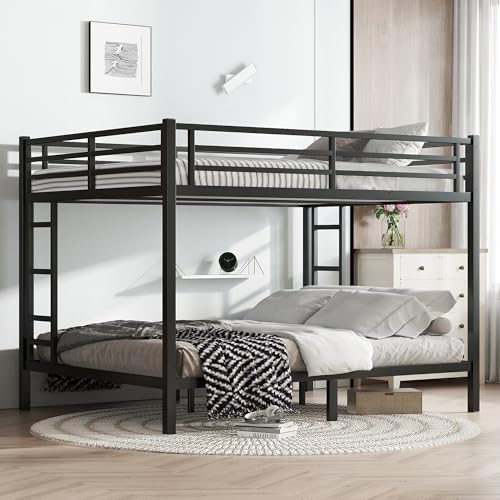 Bellemave Metal Bunk Bed Queen Over Queen with Ladder & Full-Length Guardrails, Heavy Duty Bunk Bed Frame with Sturdy Slats, Queen Over Queen Bunk Beds, Noise Free, No Box Spring Needed, Black Bellemave