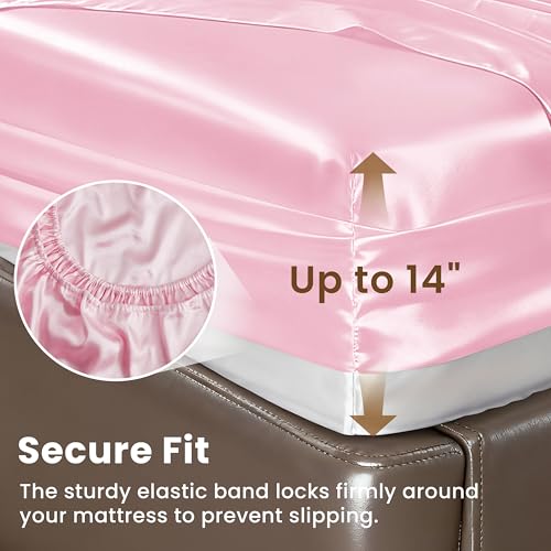 Love's cabin Twin Satin Sheets Sets - 3 Piece Pink Silky Bed Sheets with Deep Pockets, Luxury Silk Feel Satin Twin Size Sheet Set Bedding Set (1 Flat Sheet,1 Fitted Sheet,1 Pillow case) Love's cabin