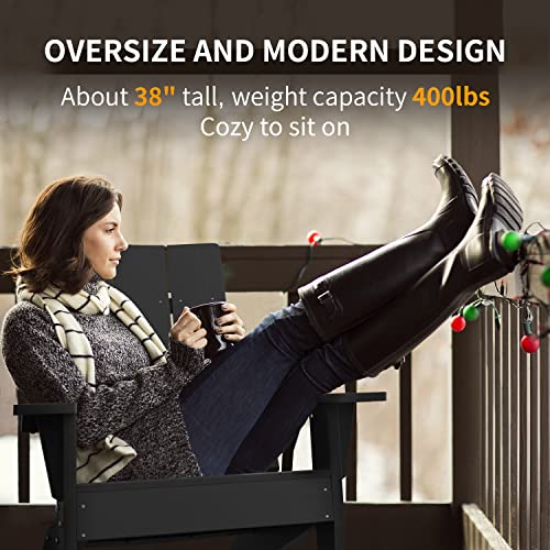 MXIMU Modern Adirondack Chairs Set of 4 Weather Resistant with Cup Holder Oversize Plastic Fire Pit Chairs Plastic Outdoor Chairs for Firepit Area Seating (Black) MXIMU