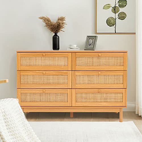 DHMAKER 6 Drawer Rattan Dresser, 48" Modern Double Dresser for Bedroom, Wide Chest of Drawers, Wood Storage Cabinet for Bedroom, Entryway, Living Room, Hallway DHMAKER