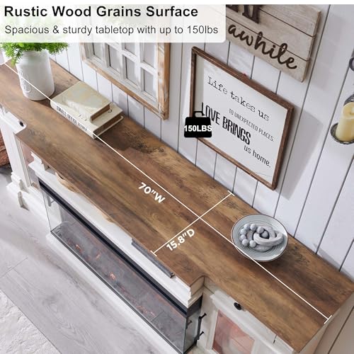 OKD 70" Fireplace TV Stand with 36" 3-Sided Glass Electric Fireplace & LED Lights, Modern Farmhouse Entertainment Center for TVs up to 80", Media Console w/Storage Drawer & Glass Door, Antique White OKD