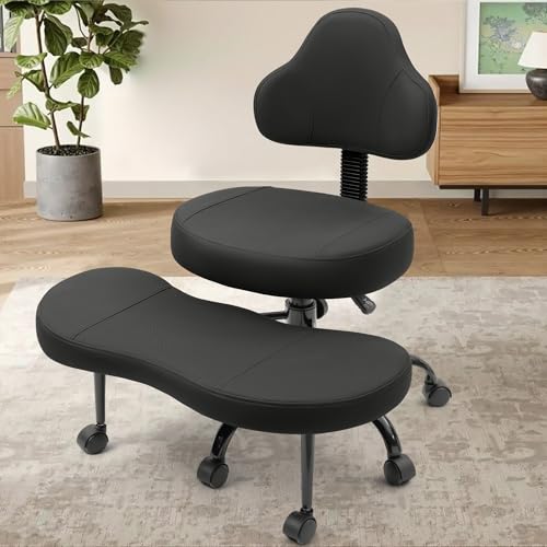 AtHope Cross Legged Office Chair, Criss Cross Desk Chair ADHD Meditation Kneeling Yoga Seat with Adjustable Height, Lumbar Support, Wider Footrest and Wheels (Black) AtHope