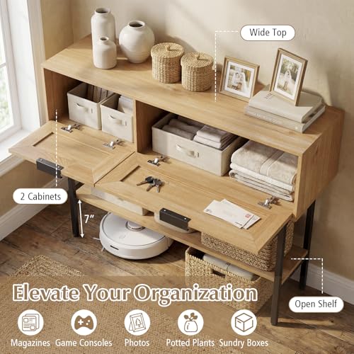 Giantex Rattan Console Table with Storage, 40" Boho Entryway Table w/ 2 Flip Door Cabinets & Shelf, Metal Frame, 2 Anti-Tipping Kits, Narrow Long Behind Couch Sofa Table for Entrance Hallway, Natural Giantex