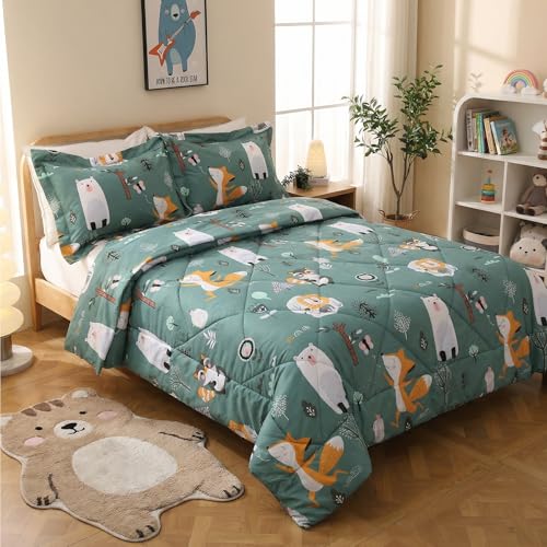 JSD Green Forest Animals Kids Comforter Set Queen Size, 3 Piece Woodland Printed Microfiber Bedding Set, Machine Washable JSD
