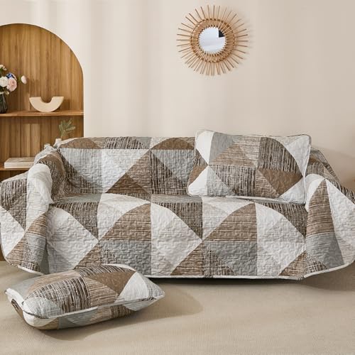 Dintszyayue Quilt Queen Size Brown, 3 Pieces Patchwork Bedspread Bedding for Queen Size Bed, Soft Lightweight Microfiber Geometric Coverlet Set for All Season Quilt with 2 Pillowcases Dintszyayue