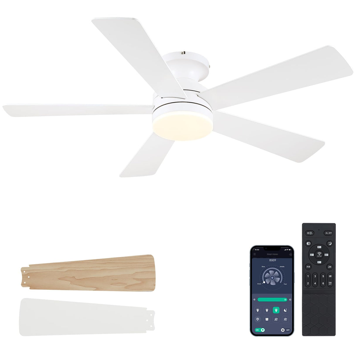BYKISTOK White Ceiling Fans with Lights - 46" Flush Mount Low Profile Ceiling Fan Light with 5 Double-Sided Blades, 6 Speeds 3CCT Reversible Motor, Modern Ceiling Fan for Indoor/Outdoor Patios BYKISTOK