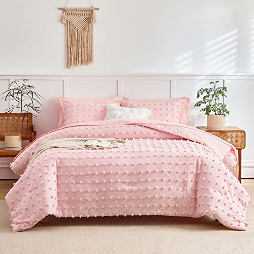 6 Pieces Tufted Dots Bed in a Bag Twin Comforter Set Girls Pink , Soft and Embroidery Shabby Chic Boho Bohemian Comforters, Luxury Solid Color with Pom Pom Design, Jacquard Tufts Bedding Set for Kids Flysheep