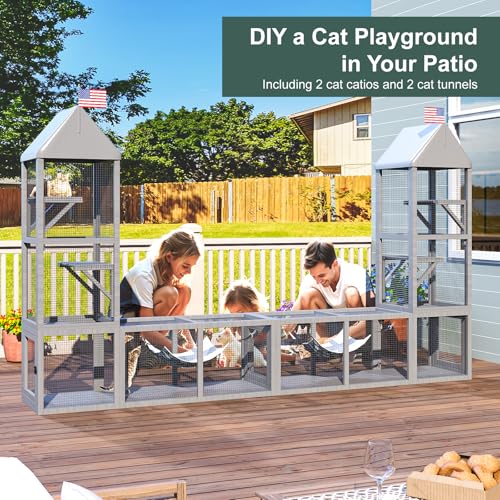 TIMHAKA 2 in 1 Indoor Catio, Outdoor Cat Enclosure with Tunnel, Pet Playen Include 1 Catio and 1 Tunnel, Cat Enclosure with Cats Hammock and Waterproof Cover, Indoor Outdoor Cats Cage with 2 Door TIMHAKA