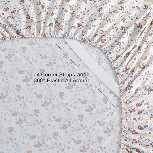 Softan Floral Twin Size Sheet Set, Orange Flower Printed Bed Sheets for Girls, 3-Piece Microfiber Single Fitted Sheet with 15" Deep Pocket & Non-Slip Straps, Patterned Bedding Sheets & Pillowcase Set Softan