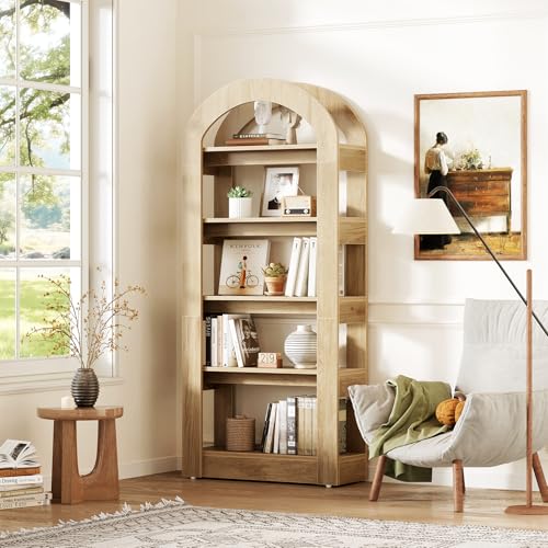 LITTLE TREE 5-Tier Bookshelf, Arch-Shaped Racks, Tall Standing Wooden Bookcase Display Shelf Modern Storage Solution (1, Teak Color) LITTLE TREE