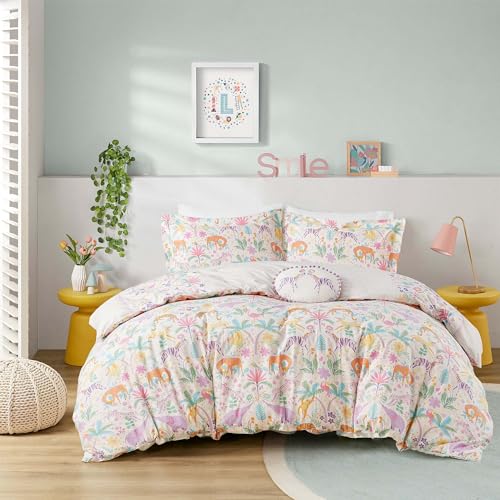 Intelligent Design Kids Cotton Queen Duvet Cover Set, Jungle Animals Fun Safari Adventures, Cotton Comforter Cover, All Sasons Bedding Reversible Duvet, Sham & Pillow, Lulu, Full/Queen Purple 4 Piece Intelligent Design