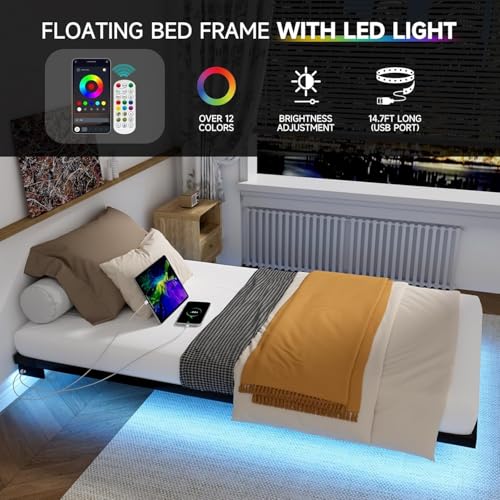 Aelawe Floating Bed Frame Twin Size with LED Lights and Charging Station, Metal Platform Bed, Easy Assembly No Box Spring Needed Aelawe