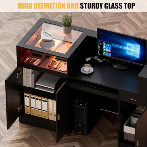 PAKASEPT 59" Large Reception Desk with Counter, Modern Front Desk Reception Room Table with LED Light & Glass Display Shelf, Retail Counter for Checkout, Lobby, Beauty Salon, Home Office Desk (Black)