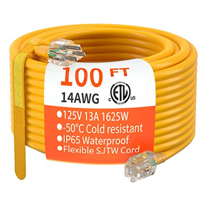 HUANCHAIN 100 ft 14/3 Gauge Heavy Duty Outdoor Extension Cord Waterproof with Lighted, Flexible Cold Weather 3 Prong Electric Cord Outside, 13A 1625W 125V 14AWG SJTW, Yellow, ETL Listed