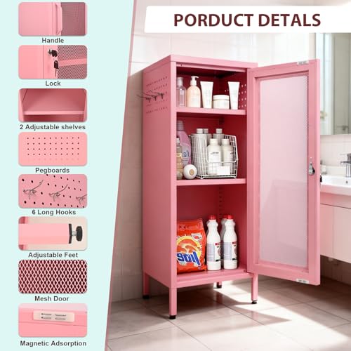 Metal Storage Cabinet, 39.37" H Small Pink Metal Locker Cabinets with Lockable Mesh Door and Handle, 2 Adjustable Shelves, 2 Pegboards & 6 Hooks for Home, Office, Bedroom, Kitchen, Assembly Required ANGELBECKE