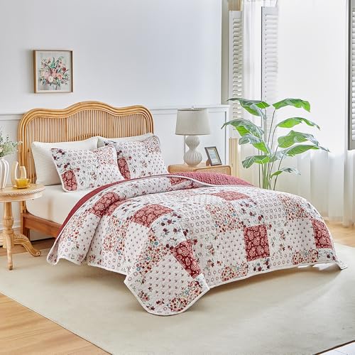 Joyreap 3 Pieces Floral Patchwork Quilt Set Twin, Burgundy Red n White Flowers Design, Smooth Soft Microfiber Quilt, Bedspread Bed Cover for All Season, 90x90 inches Joyreap